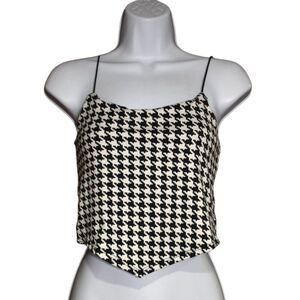 Womens Houndstooth Tank Top Spaghetti Strap Size Small Black White Cropped Top